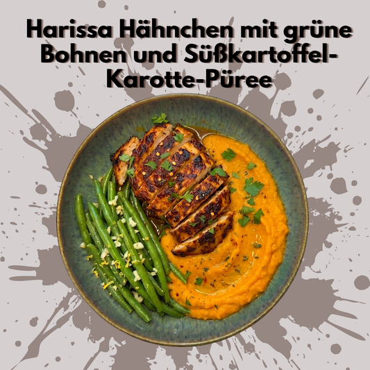 Harissa Hähnchen mit grüne Bohnen und Süßkartoffel-Karotten-Püree